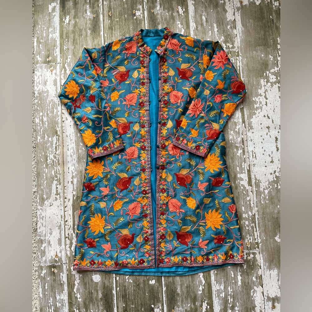Beautiful teal embroidered silk kimono jacket custom boho, funky, unique size L